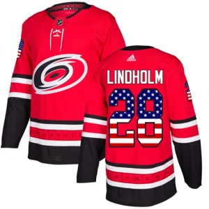 Mens Carolina Hurricanes Elias Lindholm 28 Authentic Red USA Flag Fashion