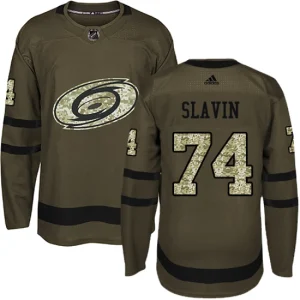 Mens Carolina Hurricanes Jaccob Slavin 74 Premier Green Salute to Service