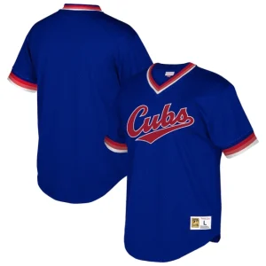 Mens Chicago Cubs Mitchell & Ness Royal Cooperstown Collection Mesh Wordmark V-Neck Jersey