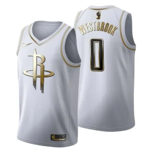 Mens Houston Rockets 0 Russell Westbrook Golden Edition White Fashion Jersey