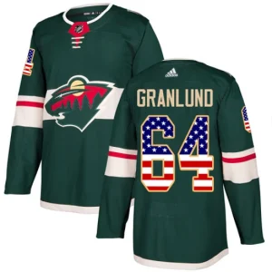 Mens Minnesota Wild Mikael Granlund 64 Authentic Green USA Flag Fashion