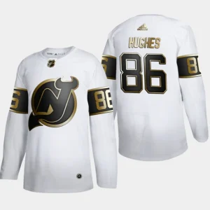 Mens New Jersey Devils Jack Hughes 86 Golden Edition White Authentic