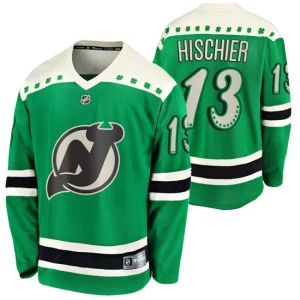 Mens New Jersey Devils Nico Hischier 13 2021 St Patricks Day Green Breakaway