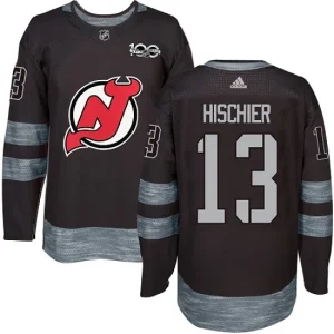 Mens New Jersey Devils Nico Hischier 13 Authentic Black 1917-2017 100th Anniversary