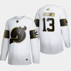 Mens New Jersey Devils Nico Hischier 13 Golden Edition White Authentic