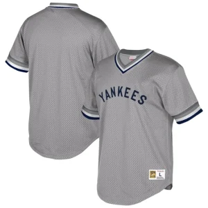 Mens New York Yankees Mitchell & Ness Gray Cooperstown Collection Mesh Wordmark V-Neck Jersey