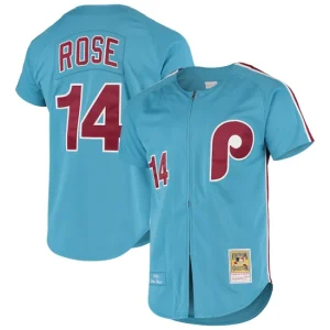 Mens Philadelphia Phillies Pete Rose Mitchell & Ness Light Blue Cooperstown Collection Jersey