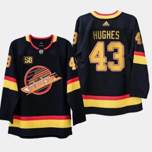 Mens Vancouver Canucks Quinn Hughes 43 50th Anniversary Black 1989 Flying Skate