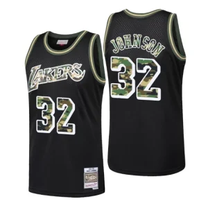 Mitchell & Ness Mens Los Angeles Lakers 32 Magic Johnson Black Straight Fire Camo Swingman Jersey