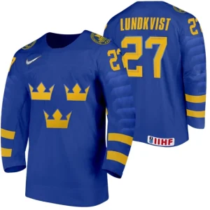 Sweden Nils Lundkvist 2021 IIHF World Championship Blue Away Jersey