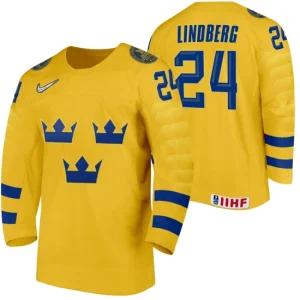 Sweden Team Oscar Lindberg 24 Yellow 2021 IIHF World Championship Home Jersey