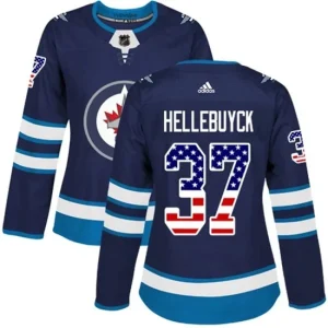 Womens Winnipeg Jets Connor Hellebuyck 37 Navy USA Flag Fashion Authentic