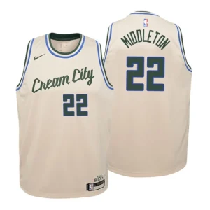 Youth 2019-20 Milwaukee Bucks 22 Khris Middleton City Cream Swingman Jersey