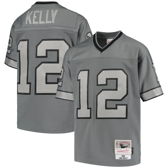 Youth Buffalo Bills Jim Kelly Mitchell & Ness Charcoal 1990 Retired Player Metal Jersey