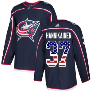 Youth Columbus Blue Jackets Markus Hannikainen 37 Authentic Navy Blue USA Flag Fashion