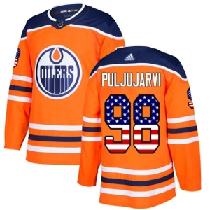 Youth Edmonton Oilers Jesse Puljujarvi 98 Authentic Orange USA Flag Fashion