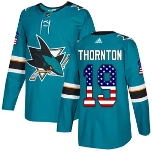 Youth San Jose Sharks Joe Thornton 19 Authentic Teal Green USA Flag Fashion